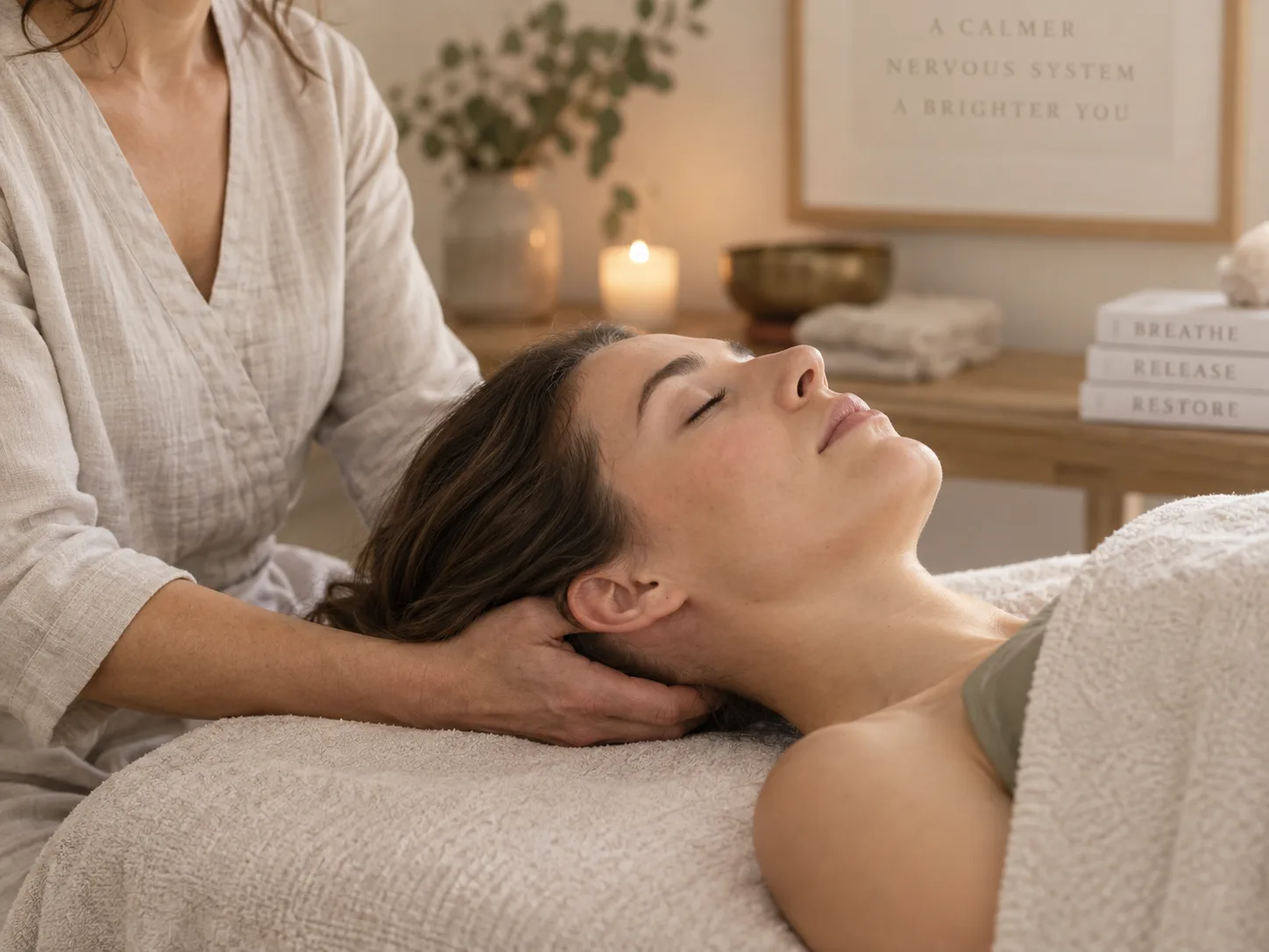 Hands cradling the head and neck, still, during a Craniosacral Therapy session at AnnaMT, Jacksonville