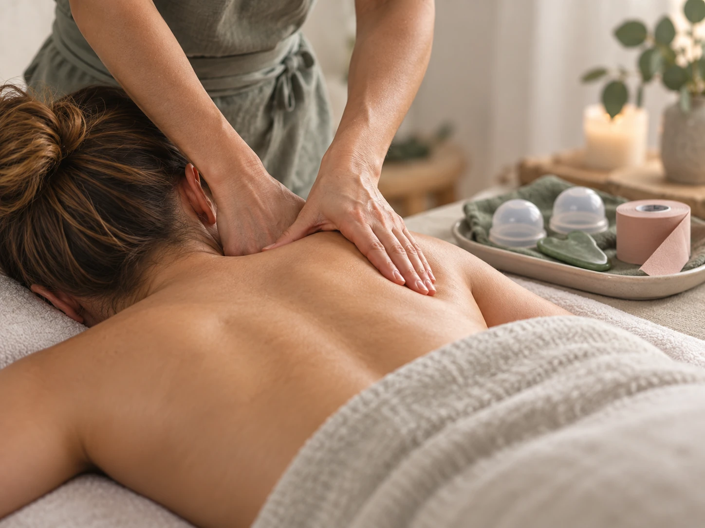 Hands working along a client's shoulder through a cream towel during a Signature Massage session at AnnaMT, Jacksonville